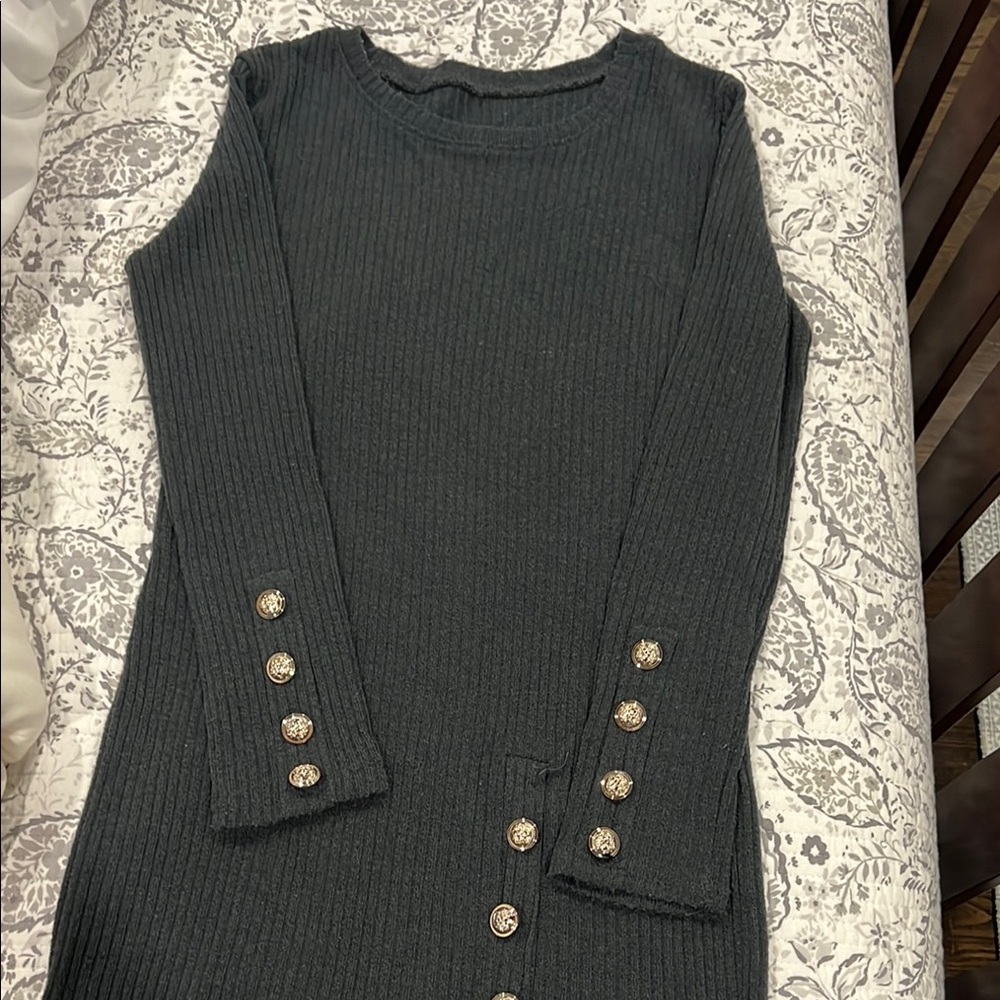 Elegant Black Ribbed Dress with Button Accents
